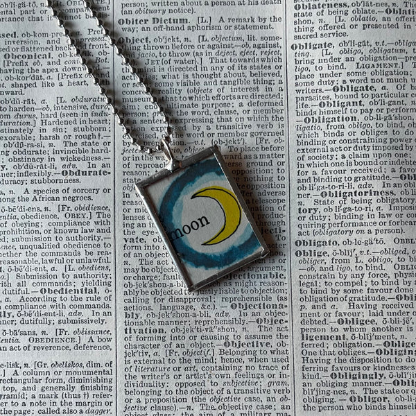 1 Moon and sun, vintage children's book llustrations up-cycled to soldered glass pendant
