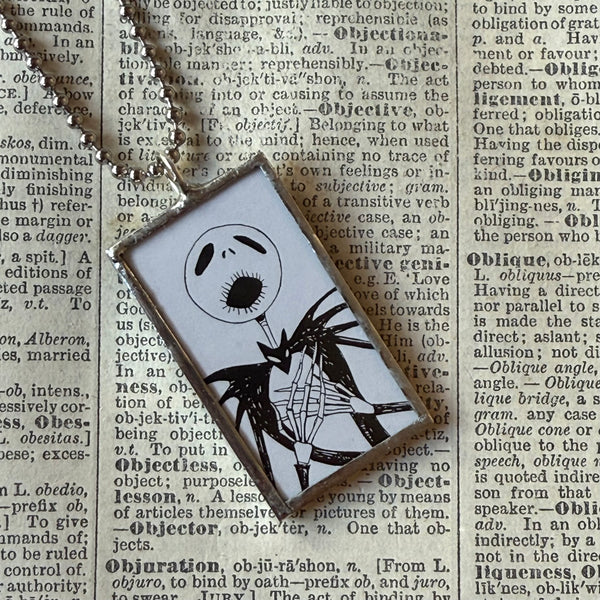 Nightmare before Christmas, Jack Skellington, Zero,  original illustrations from vintage book, up-cycled to soldered glass pendant
