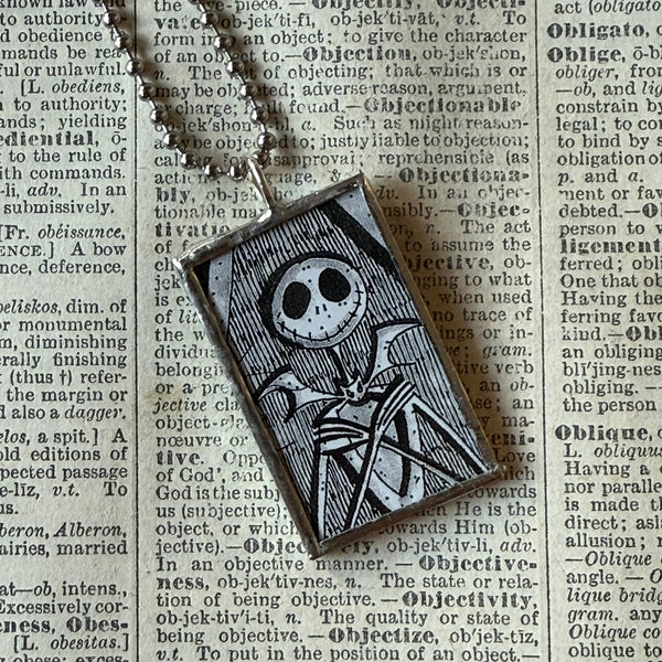 Nightmare before Christmas, Jack Skellington, original illustrations from vintage book, up-cycled to soldered glass pendant