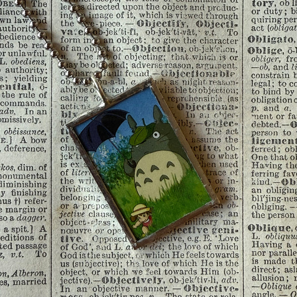 My Neighbor Totoro, Miyazaki animation stills / movie poster up-cycled to soldered glass pendant