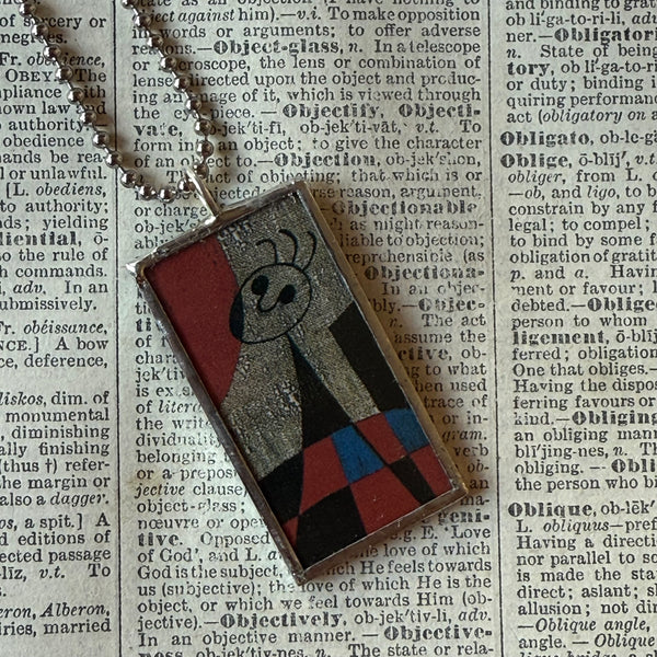 Joan Miro, modern art painting, upcycled to soldered glass pendant