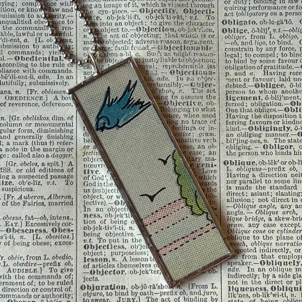 Blue bird, landscape, vintage children's book illustrations, up-cycled to soldered glass pendant