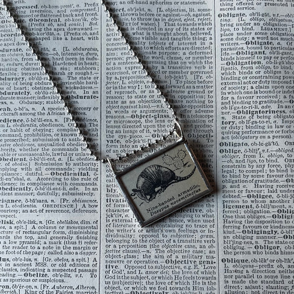 Armadillo, vintage 1940s dictionary illustration, up-cycled to hand-soldered glass pendant