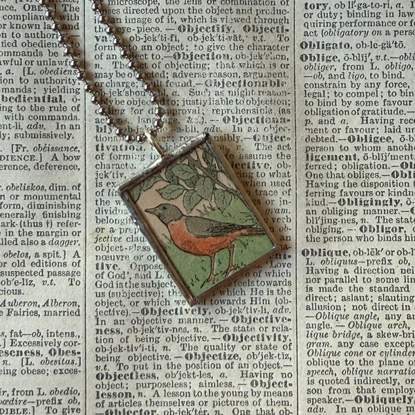Robin, robin's nest, vintage children's book illustrations, up-cycled to soldered glass pendant