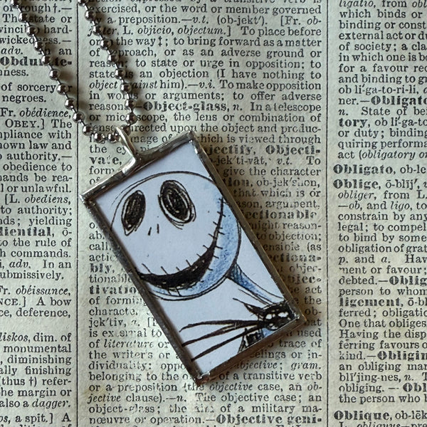 Nightmare before Christmas, Jack Skellington, Sally, original illustrations from vintage book, up-cycled to soldered glass pendant