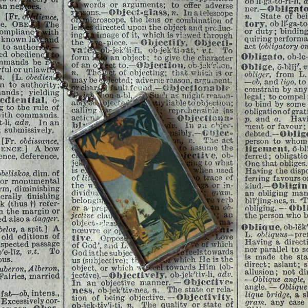 Vintage Hawaii postcards - Hula girl, sailboat, hand-soldered glass pendant