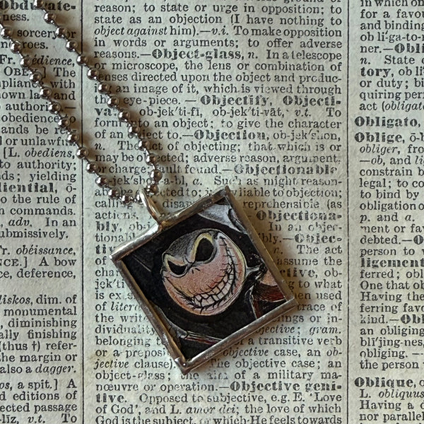 Nightmare before Christmas, Jack Skellington, original illustrations from vintage book, up-cycled to soldered glass pendant