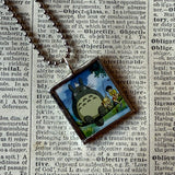 My Neighbor Totoro, Miyazaki animation stills / movie poster up-cycled to soldered glass pendant