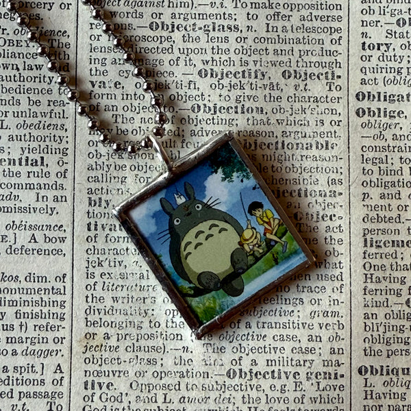 My Neighbor Totoro, Miyazaki animation stills / movie poster up-cycled to soldered glass pendant
