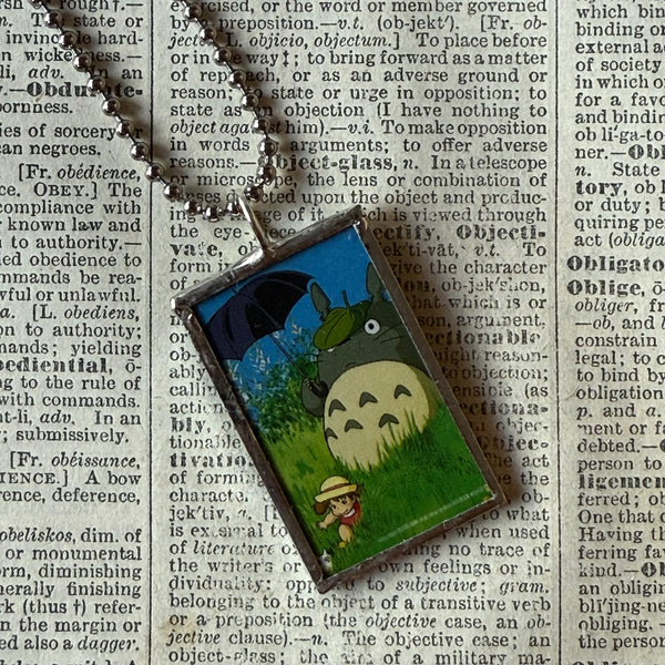 My Neighbor Totoro, Miyazaki animation stills / movie poster up-cycled to soldered glass pendant