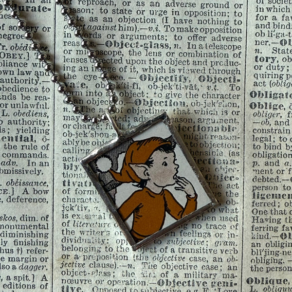 Elf, Gnome, Brownie, vintage children's book illustration up-cycled to soldered glass pendant