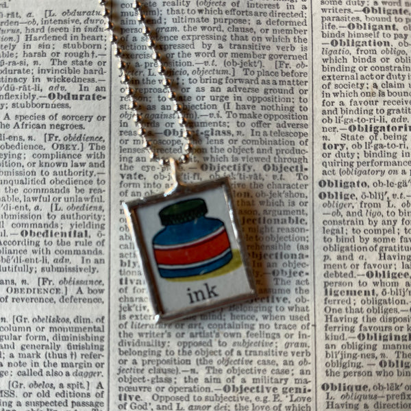 Ink, inkspot, vintage children's book llustrations up-cycled to soldered glass pendant (Copy)