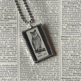 Owl, vintage dictionary illustration upcycled to soldered glass pendant