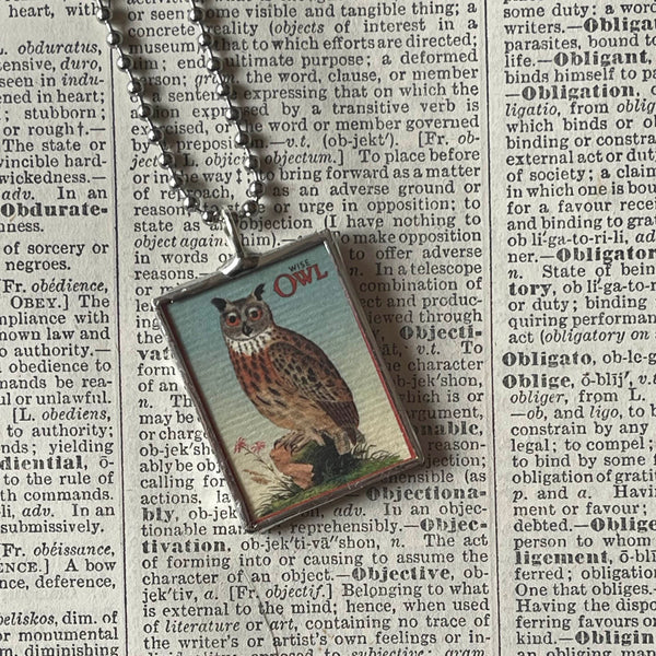 Owl, vintage illustration upcycled to soldered glass pendant