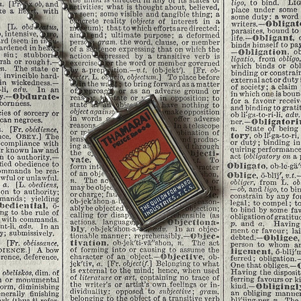 Lotus flower, India map, vintage illustrations up-cycled to soldered glass pendant