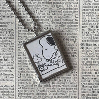 Snoopy, comic strip illustrations from vintage Peanuts book, up-cycled to hand-soldered glass pendant