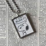 Snoopy, comic strip illustrations from vintage Peanuts book, up-cycled to hand-soldered glass pendant