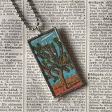 Joshua Tree National Park travel poster, upcycled hand soldered glass pendant