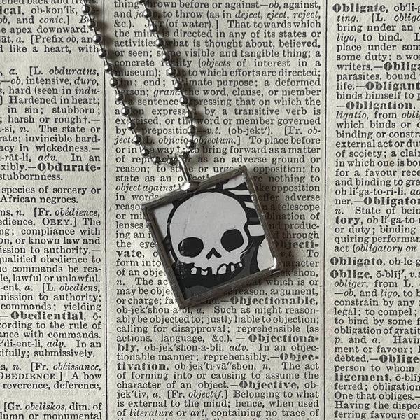 Skull and Flower, vintage illustrations up-cycled to soldered glass pendant