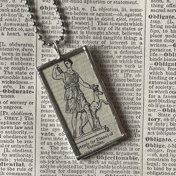 Goddess Diana, Artemis, Greek Mythology, vintage dictionary illustration, hand soldered glass pendant, upcycled to soldered glass pendant