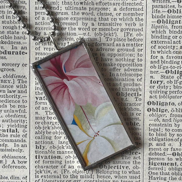 Georgia O'Keeffe, skull, lily flowers, modern art, abstract painting, upcycled to hand-soldered glass pendant