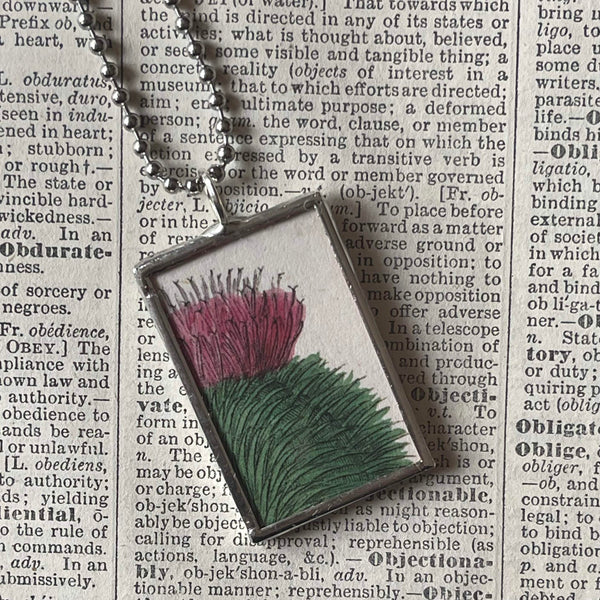 Thistle, flowers, vintage illustrations up-cycled to soldered glass pendant