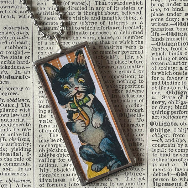 Cat, kitten, kitty, vintage die cut ephemera, up-cycled to soldered glass pendant