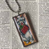 Cat, kitten, kitty, vintage die cut ephemera, up-cycled to soldered glass pendant