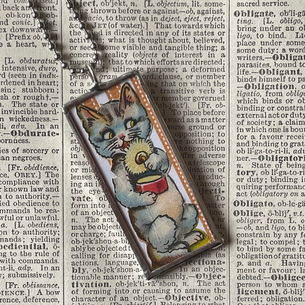 Cat, kitten, kitty, vintage die cut ephemera, up-cycled to soldered glass pendant