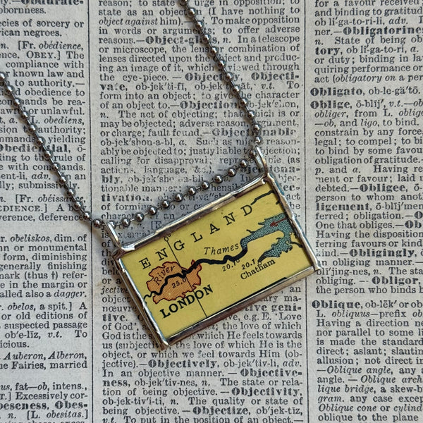 London, Liverpool, Manchester England, vintage map, hand-soldered glass pendant