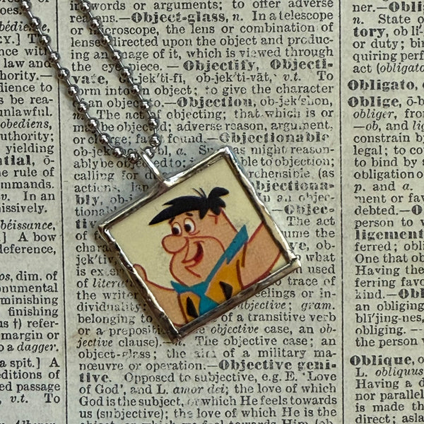 Fred Flintstone, vintage children's book illustrations, up-cycled to soldered glass pendant