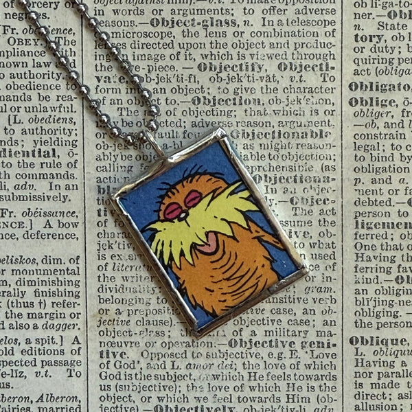 The Lorax, original illustrations from vintage book, up-cycled to soldered glass pendant