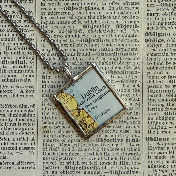 Dublin Ireland, vintage map, hand-soldered glass pendant