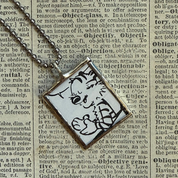 Calvin & Hobbes, original vintage comic book illustrations, upcycled to soldered glass pendant