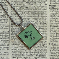 Snoopy, comic strip illustrations from vintage Peanuts book, up-cycled to hand-soldered glass pendant