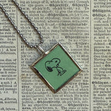 Snoopy, comic strip illustrations from vintage Peanuts book, up-cycled to hand-soldered glass pendant
