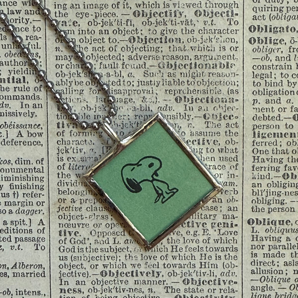 Snoopy, comic strip illustrations from vintage Peanuts book, up-cycled to hand-soldered glass pendant