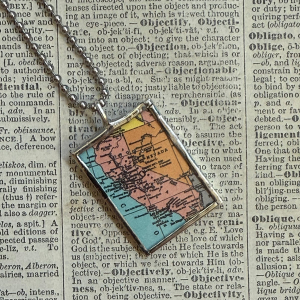 California, vintage map, hand-soldered glass pendant