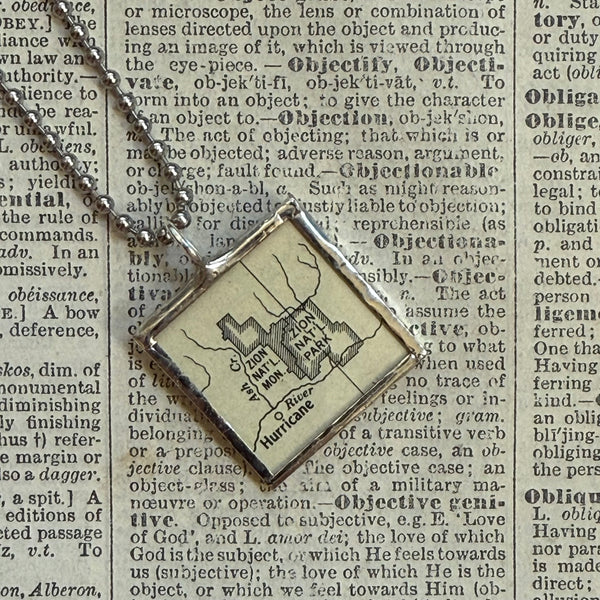Zion National Park, vintage map, hand-soldered glass pendant