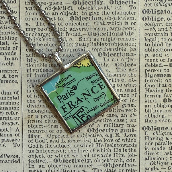 Paris France, vintage map, hand-soldered glass pendant