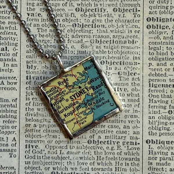 Sydney Australia, vintage map, hand-soldered glass pendant