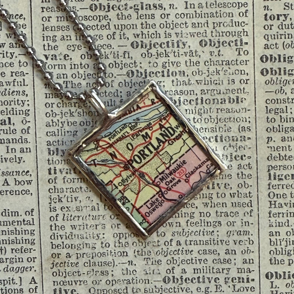 Portland, vintage map, hand-soldered glass pendant