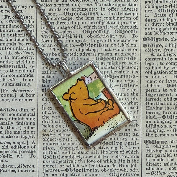 Winnie the Pooh childrens' book illustrations up-cycled to hand-soldered glass pendant