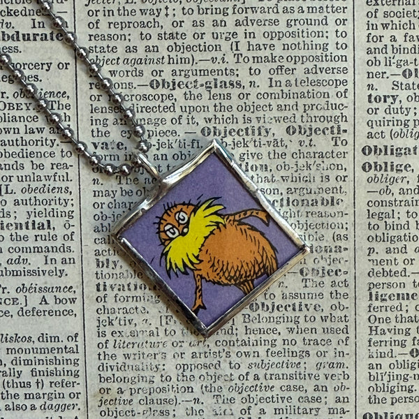 The Lorax, original illustrations from vintage book, up-cycled to soldered glass pendant