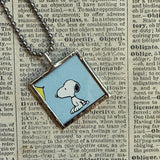 Snoopy, comic strip illustrations from vintage Peanuts book, up-cycled to hand-soldered glass pendant