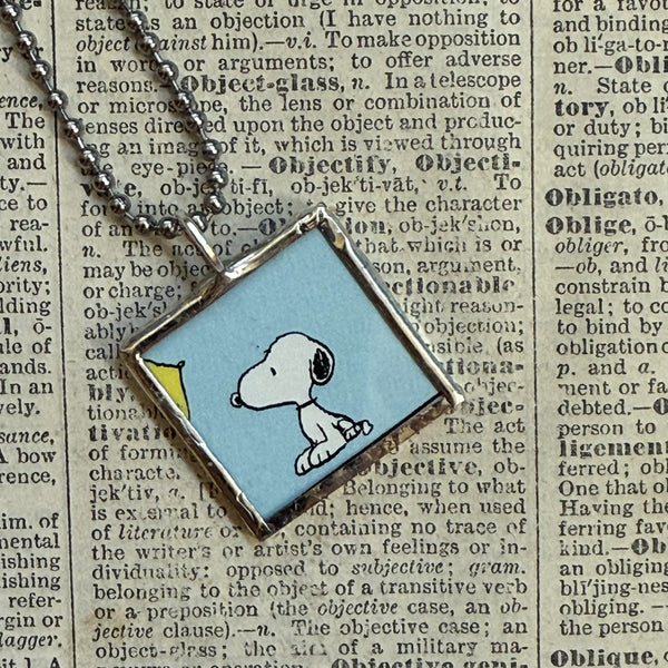 Snoopy, comic strip illustrations from vintage Peanuts book, up-cycled to hand-soldered glass pendant