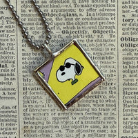 Snoopy, comic strip illustrations from vintage Peanuts book, up-cycled to hand-soldered glass pendant