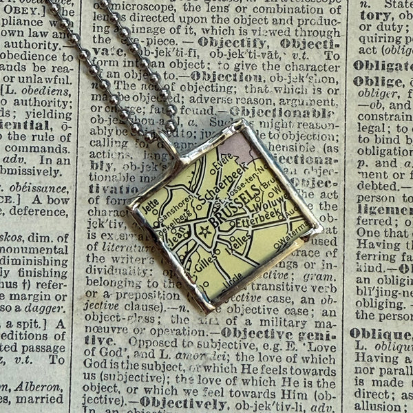 Brussels, vintage map, hand-soldered glass pendant