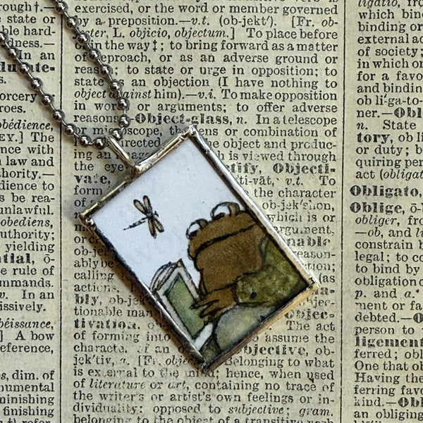 Frog and Toad, vintage children's book illustrations, up-cycled to soldered glass pendant