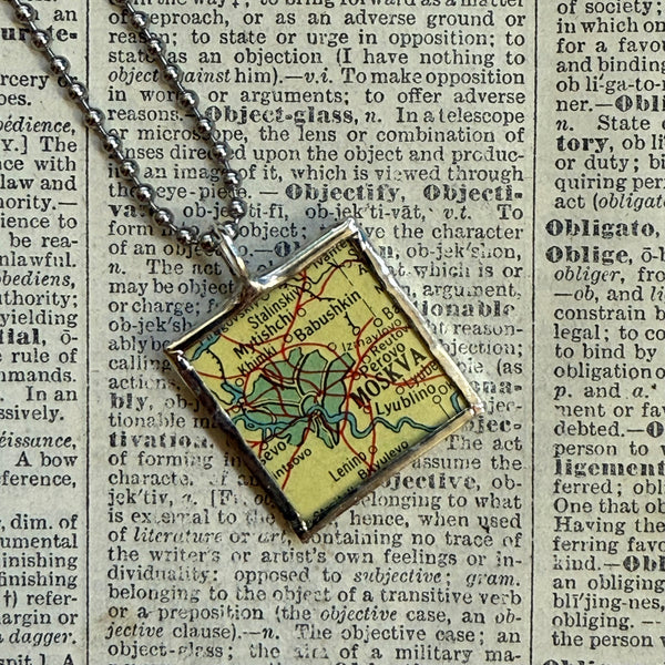 Moscow, vintage map, hand-soldered glass pendant